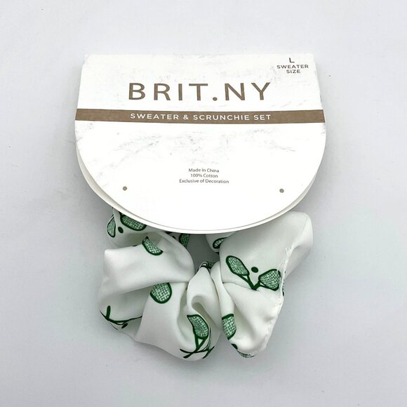 BRIT.NY White Cotton LS Sweater Embroidered Pickleball/Tennis & Scrunchie L NWT - Picture 10 of 11